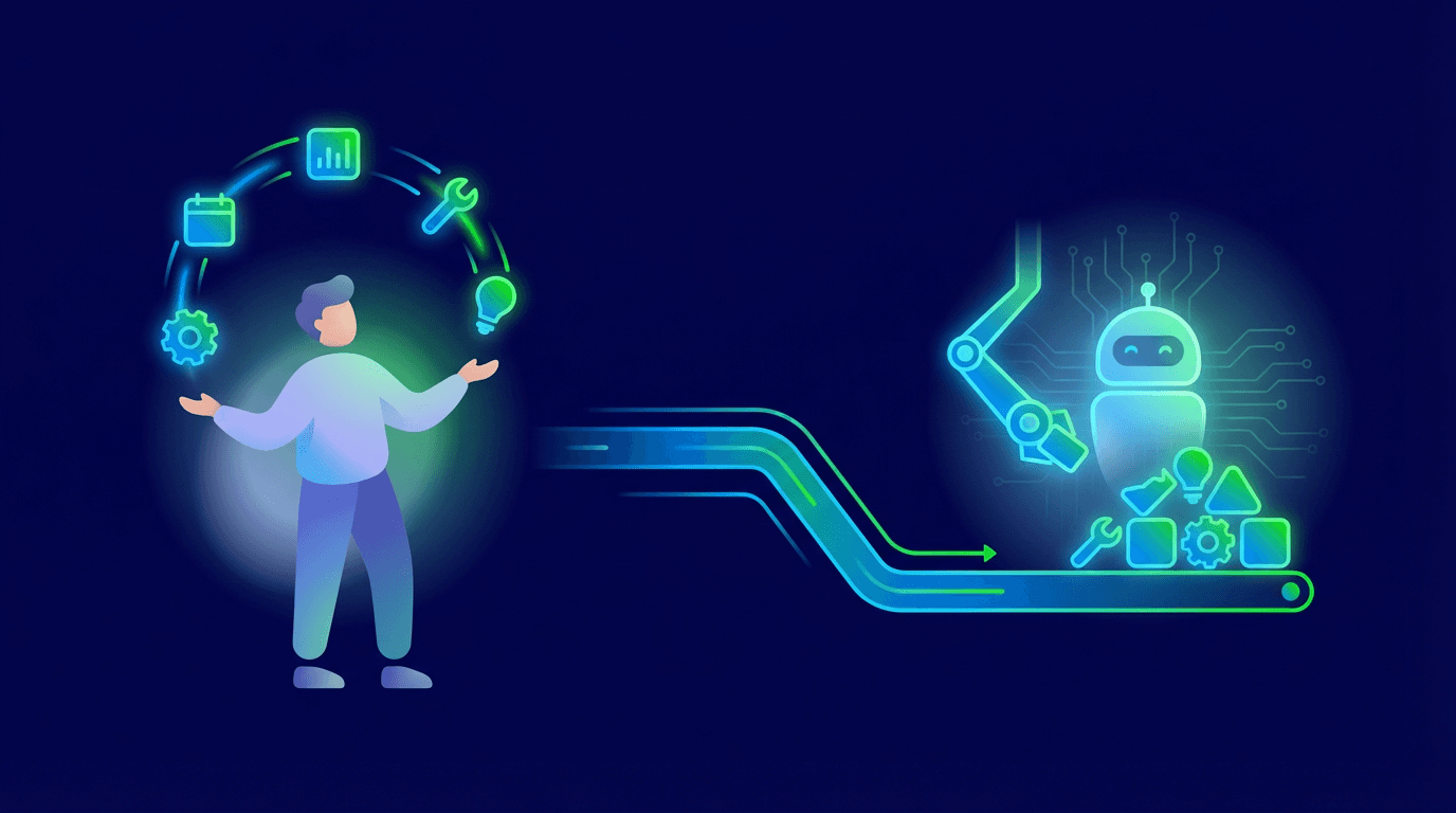 Colorful illustration of automated processes and juggling tasks